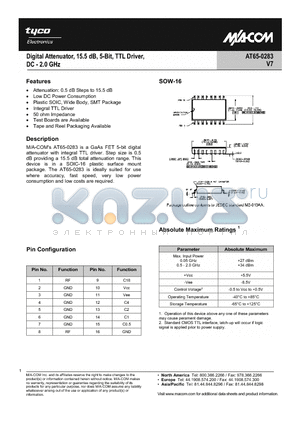 AT65-0283TR datasheet - Digital Attenuator 15.5dB, 5-Bit, TTL Driver, DC-2.0 GHz