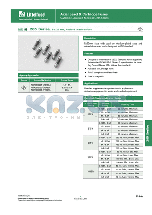 0285008.MXP datasheet - 285 Series, 5 x 20 mm, Audio & Medical Fuse
