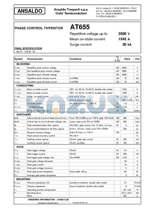 AT655 datasheet - PHASE CONTROL THYRISTOR