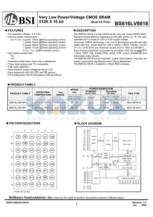 BS616LV8018FC datasheet - Very Low Power/Voltage CMOS SRAM 512K X 16 bit