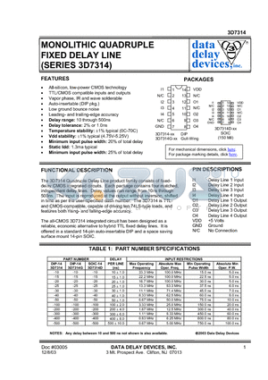 3D7314-50 datasheet - MONOLITHIC QUADRUPLE FIXED DELAY LINE (SERIES 3D7314)