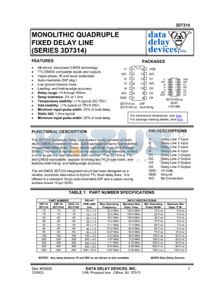 3D7314D-400 datasheet - MONOLITHIC QUADRUPLE FIXED DELAY LINE (SERIES 3D7314)