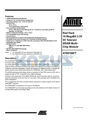 AT68166FT-YS18-E datasheet - Rad Hard 16 MegaBit 3.3V 5V Tolerant SRAM Multi- Chip Module