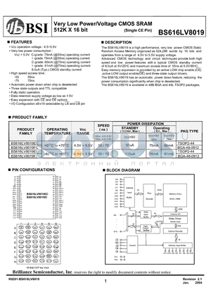 BS616LV8019ECP70 datasheet - Very Low Power/Voltage CMOS SRAM 512K X 16 bit