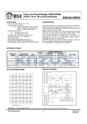 BS616LV8025BI datasheet - Very Low Power/Voltage CMOS SRAM 512K x 16 or 1M x 8 bit switchable