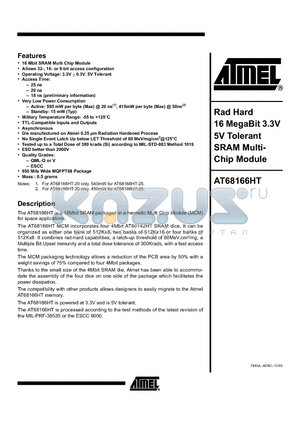 AT68166HT-YS20-SCC datasheet - Rad Hard 16 MegaBit 3.3V 5V Tolerant SRAM Multi-Chip Module