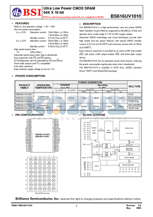 BS616UV1010DCG10 datasheet - Ultra Low Power CMOS SRAM 64K X 16 bit
