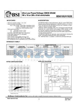 BS616UV1620 datasheet - Ultra Low Power/Voltage CMOS SRAM 1M x 16 or 2M x 8 bit switchable