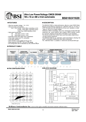 BS616UV1620BC datasheet - Ultra Low Power/Voltage CMOS SRAM 1M x 16 or 2M x 8 bit switchable