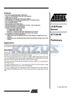 AT71201M datasheet - Atmels AT71201M is a full-frame sensor based on charge-coupled device (CCD) technology