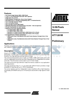 AT71201MCREN datasheet - Atmels AT71201M is a full-frame sensor based on charge-coupled device (CCD) technology