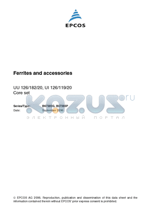 B67385P0000X187 datasheet - Ferrites and accessories UU 126/182/20, UI 126/119/20 Core set