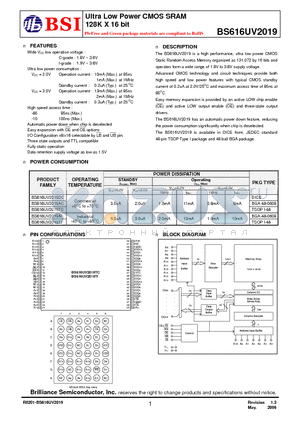 BS616UV2019AIG85 datasheet - Ultra Low Power CMOS SRAM 128K X 16 bit