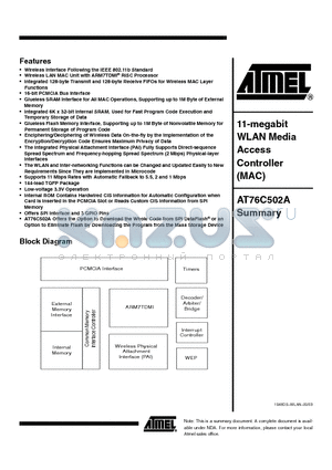 AT76C502A datasheet - 11-megabit WLAN Media Access Controller MAC