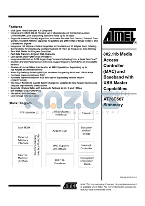 AT76C507 datasheet - 802.11b Media Access Controller (MAC) and Baseband with USB Master Capabilities