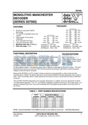 3D7502-50 datasheet - MONOLITHIC MANCHESTER DECODER