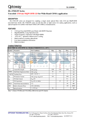 DL-3338AC-VLS datasheet - Uncooled 1310 nm MQW-DFB LD forWide-Band CDMA application