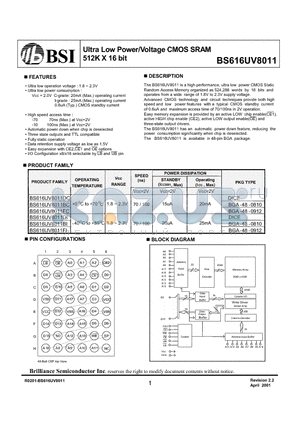 BS616UV8011DI datasheet - Ultra Low Power/Voltage CMOS SRAM 512K X 16 bit