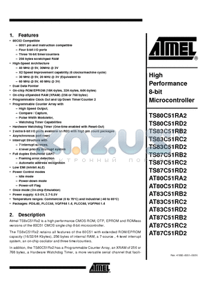 AT80C51RA2-3CSCV datasheet - High Performance 8-bit Microcontroller