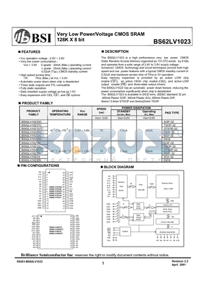 BS62LV1023SI datasheet - Very Low Power/Voltage CMOS SRAM 128K X 8 bit
