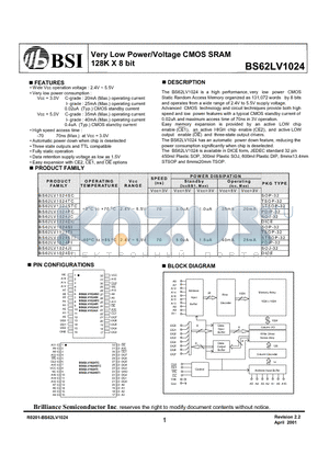 BS62LV1024PI datasheet - Very Low Power/Voltage CMOS SRAM 128K X 8 bit