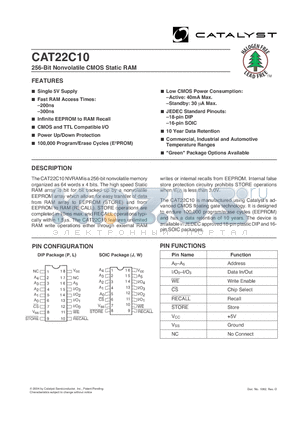 CAT22C10 datasheet - 256-Bit Nonvolatile CMOS Static RAM