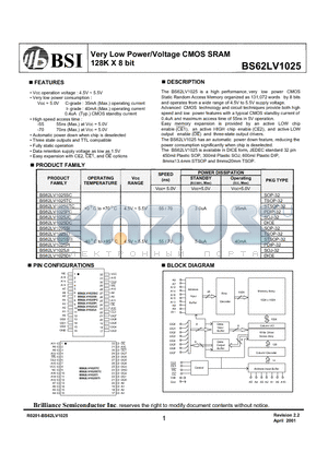 BS62LV1025 datasheet - Very Low Power/Voltage CMOS SRAM 128K X 8 bit