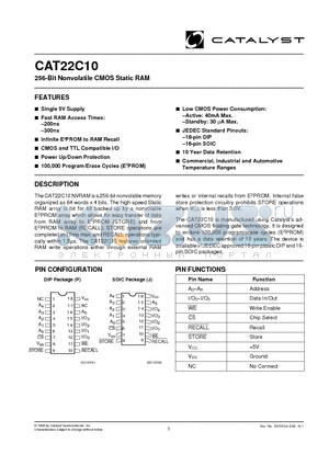 CAT22C10J-20TE13 datasheet - 256-Bit Nonvolatile CMOS Static RAM