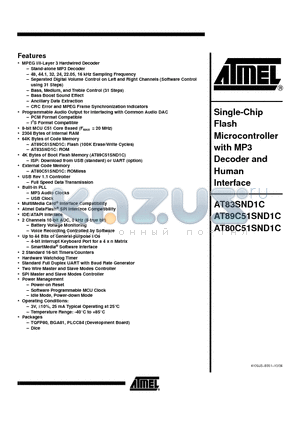 AT80C51SND1C datasheet - Single-Chip Flash Microcontroller with MP3 Decoder and Human Interface