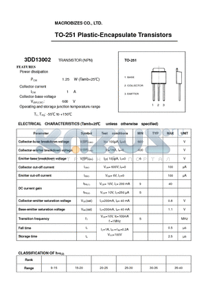 3DD13002 datasheet - TO-251 Plastic-Encapsulate Transistors