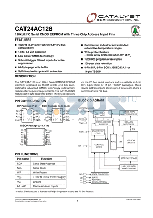 CAT24AC128 datasheet - 128kbit I2C Serial CMOS EEPROM With Three Chip Address Input Pins