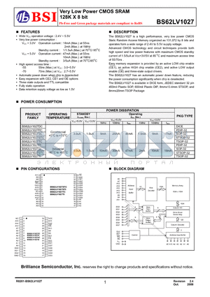 BS62LV1027TCG70 datasheet - Very Low Power CMOS SRAM 128K X 8 bit