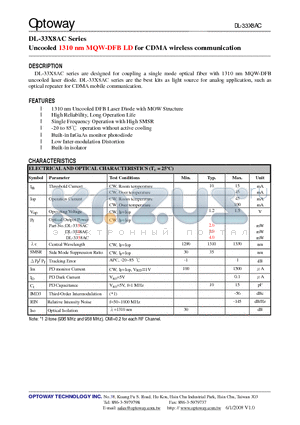 DL-3345AC-HXS datasheet - Uncooled 1310 nm MQW-DFB LD for CDMA wireless communication