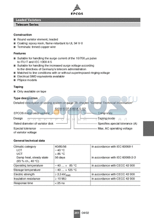 B72207S0950S212 datasheet - Leaded Varistors Telecom Series