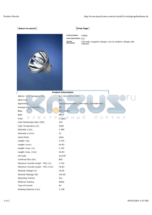 54840 datasheet - 250 watt, tungsten halogen, low to medium voltage with reflector