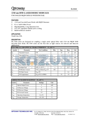 DL-3345S-HX datasheet - 1310 nm DFB LASER DIODE MODULES UNCOOLED MQW DFB LD WITH PIGTAIL