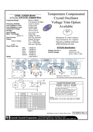 CXOSV-4CC-25.000 datasheet - Temperature Compensated Crystal Oscillator Voltage Trim Option Available 14 Pin Dip, 3.3V & 5V, Clipped Sine