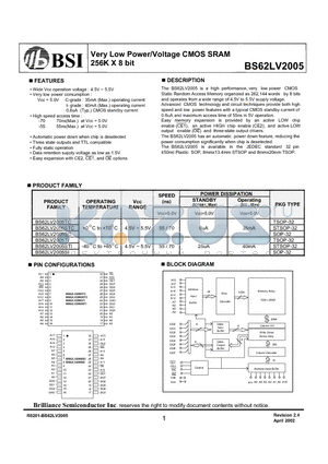 BS62LV2005SI datasheet - Very Low Power/Voltage CMOS SRAM 256K X 8 bit