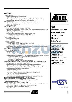 AT83C5122 datasheet - MICROCONTROLLER WITH USB AND SMART CARD READER INTERFACES