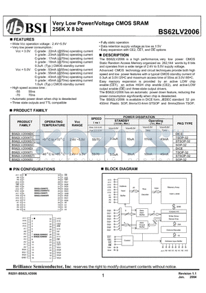 BS62LV2006DI-70 datasheet - Very Low Power/Voltage CMOS SRAM 256K X 8 bit