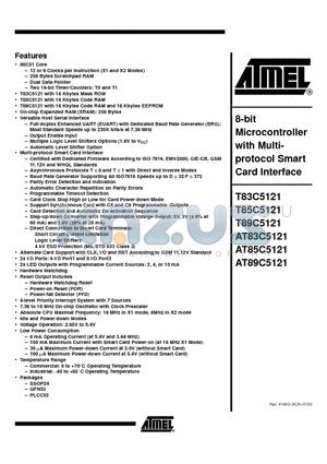 AT83C5121XXX-S3SUL datasheet - 8-bit Microcontroller with Multiprotocol Smart Card Interface