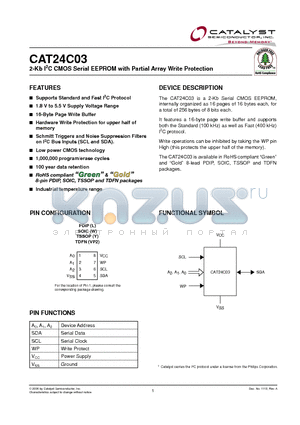 CAT24C03LI-G datasheet - 2-Kb I2C CMOS Serial EEPROM with Partial Array Write Protection