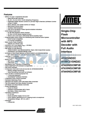 AT83SND2C datasheet - Single-Chip Flash Microcontroller with MP3 Decoder with Full Audio Interface