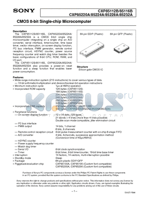 CXP-85112 datasheet - CMOS 8-bit Single-chip Microcomputer