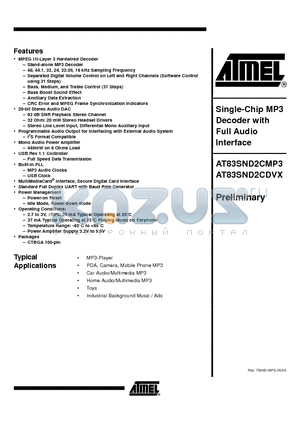 AT83SND2CMP3 datasheet - Single-Chip MP3 Decoder with Full Audio Interface