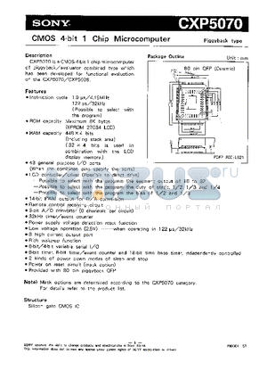 CXP5070 datasheet - CMOS 4-BIT 1 CHIP MICROCOMPUTER