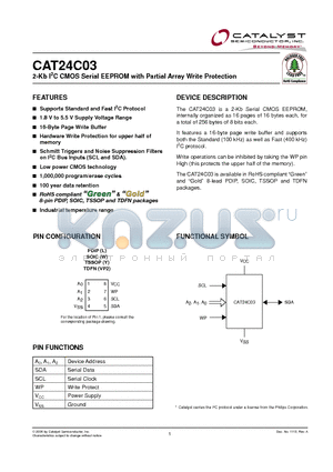 CAT24C03WI-GT3 datasheet - 2-Kb I2C CMOS Serial EEPROM with Partial Array Write Protection