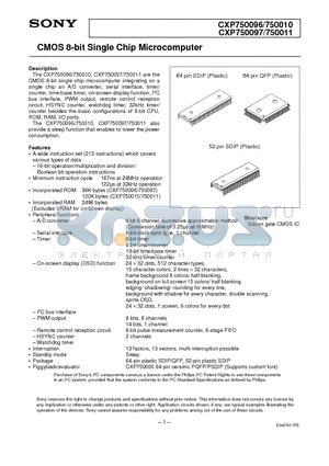 CXP750011 datasheet - CMOS 8-bit Single Chip Microcomputer