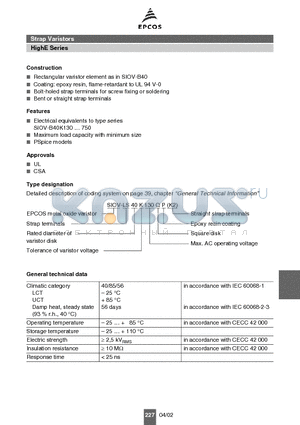 B72240L0271K102 datasheet - Strap Varistors HighE Series