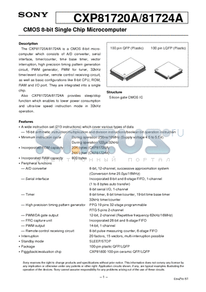 CXP81720A datasheet - CMOS 8-bit Single Chip Microcomputer
